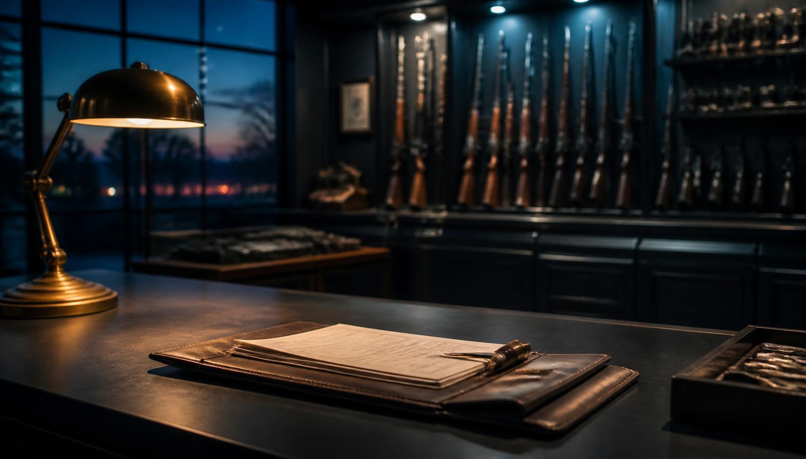 Firearms dealer counter with licensing paperwork under a desk lamp